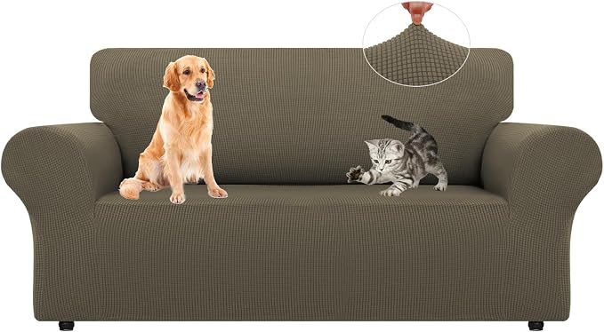 LURKA Stretch Loveseat Sofa Slipcovers 1 Piece Couch Covers for Sofa Furniture Protector Full Sofa Covers with Elastic Bottom for Kids and Dog (Medium, Khaki)