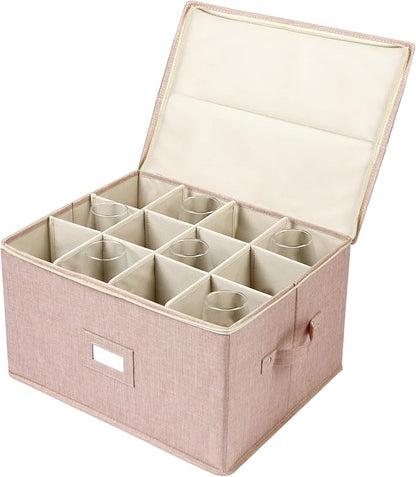 popoly Wine Glass Storage Box, Stemware Storage Containers Cases with Dividers, Stackable Moving Supplies for 12 Wine Glasses, Drinkware, Glassware or Crystal (Beige) | Stackable Moving Supplies for 12 Wine Glasses, Drinkware , Glassware or Crystal, Ha...