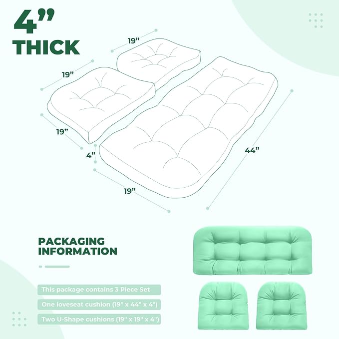 DANGHOOGY Wicker Chair Cushions, Waterproof Outdoor Loveseat Cushions for Patio Furniture, Tufted Wicker Furniture Cushions, 1 Loveseat and 2 U-Shaped Cushions, Cyan