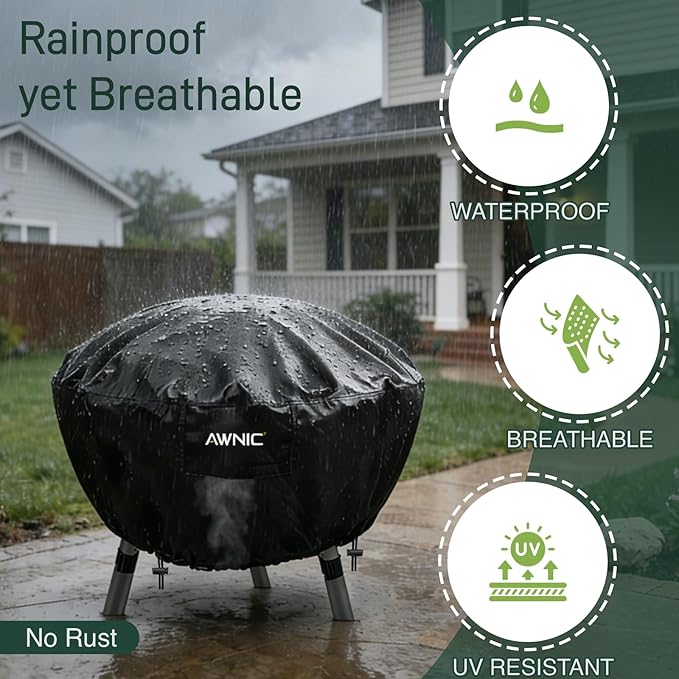 AWNIC Fire Pit Cover Round 40" D x 24" H - Waterproof Windproof Outdoor Patio Firepit Cover with 500D Fade-Resistant Oxford Cloth, Dual-Sided Adjustable Drawstring & Hook and Loop