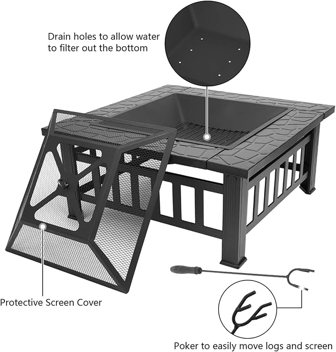 32 Inch Heavy Duty Metal Square Patio Firepit Table BBQ Garden Stove with Spark Screen Cover Log Grate and Poker for Outside Wood Burning and Drink Cooling