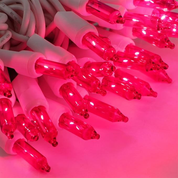 Pink Christmas Lights, 100 Count, Incandescent Mini Valentines Day Lights | White Wire Connectable Xmas Fairy String Light, UL Certified for Indoor Outdoor Garland Holiday Wedding Festival Party