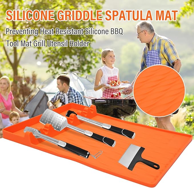 Silicone BBQ Tool Mat, Outdoor BBQ Grill Mat with Drip Mat with Seasoning Bottle Holder, BBQ Accessory Side Rack Mat, BBQ Tool Tray, 15.98"*11.5" (Orange 2pcs)