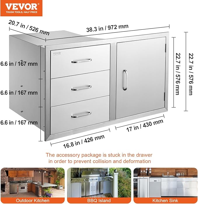 Vevor Outdoor Kitchen Door Drawer Combo 38.1''W x 22.6''H x 20.8''D, BBQ Access Door/Triple Drawers Combo with Stainless Steel Handles, Perfect for BBQ Island Patio Grill Station