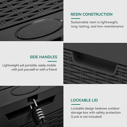 YITAHOME 32 Gallon Rattan Deck Box,Indoor Outdoor Storage Box for Patio Furniture,Pool Accessories, Cushions,Garden Tools, Sports Equipment, Waterproof Resin with Lockable Lid and Side Handles (Black)