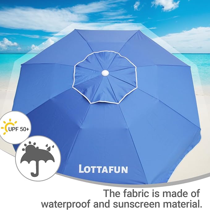 LOTTAFUN 6ft Beach Umbrella - Heavy Duty Wind Resistant UV 50+ Portable Sun Shade with Sand Anchor & Carry Bag, Outdoor Folding Umbrella for Beach, Pool, Patio, Garden (Dark Blue) No Tilt The sand needs to exceed the spiral 6inch