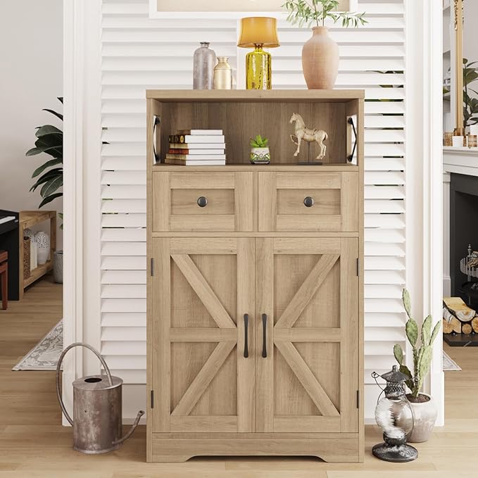 Befrases Natural Wood Storage Cabinet with Drawers and Shelves, Standing Kitchen Pantry Cabinet, Floor Storage Cabinet Hutch Cupboard, Coffee Bar Station for Dining Living Room Home Office