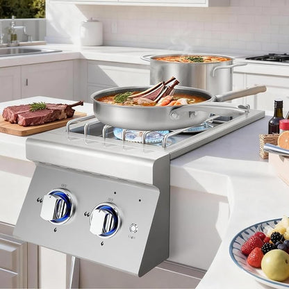Stainless Steel Outdoor Stove–2x17,000 BTU Side Burner for Outdoor Kitchen,Comes with Propane Stove Lid & LED Light,convertible to Natural Gas.Portable Cooktop with Built-in 2 Burners for BBQ Island.