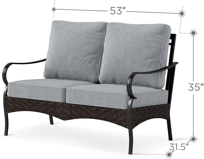 PHI VILLA Wicker & Metal Outdoor 2-Seat Patio Couch,Patio Sofa Loveseat with Deep Seating for Front Porch, Deck, Balcony, Backyard, Sunroom,Grey