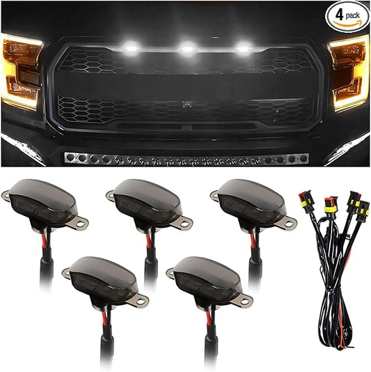 4 PCS Car LED Grille Lights, Bright Vehicle Front Grille Lamp Decorative Light with Wiring Harness, Waterproof LED Grill Lamps Trim Lights for 2017-2019 F150 Raptor (Black & White, 5 Lights)