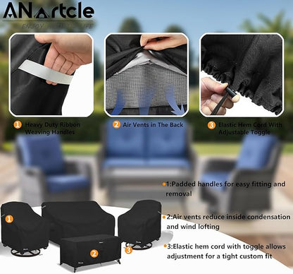 ANartcle Patio Furniture Covers 4 Piece Set, 600D Waterproof Heavy Duty Outdoor Furniture Covers,Fit Wicker Patio Sofa, Swivel Rocker Chair and Coffee Table,Black
