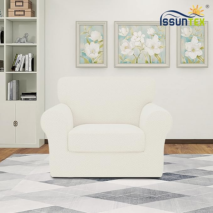ISSUNTEX 2 Pieces High Stretch Thicken Chair Couch Covers, Soft Sofa Slipcover for 1 Separate Cushion Couch, Jacquard Fabric Elastic Sofa Cover Furniture Protector for Dogs (Chair, Ivory)