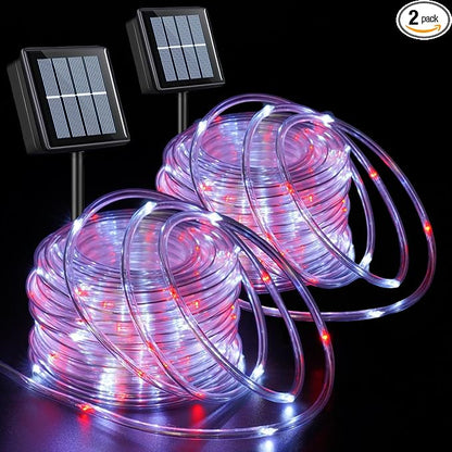 QITONG Red and White Solar Rope Lights, 2 Pack Each 33ft 100 LED Christmas String Light, 8 Modes Fairy Lights in Clear Thin Tube