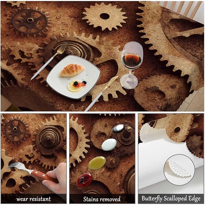 Swono Clock Gear Table Covers 52x70 Inch Steampunk Old Mental Mechanical Clock Gears Wipeable Tablecloth Kitchen Dinning Tabletop Decoration, Table Cloth for Outdoor and Indoor Use