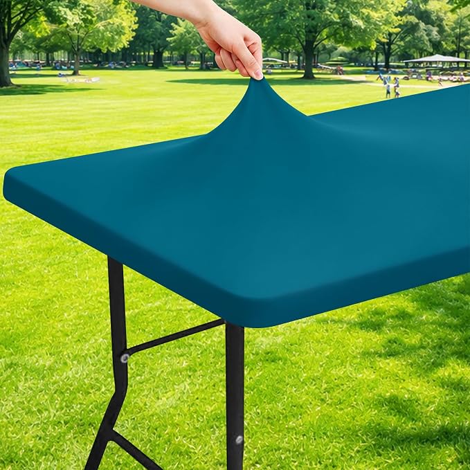 Moosfor Spandex 5 Foot Rectangle Table Cloth, Elastic Fitted Tablecloths for Picnic, Stretch Washable Patio Table Cover for Outdoor, Camping, Banquet and Parties (Peacock Blue, 30"x60")