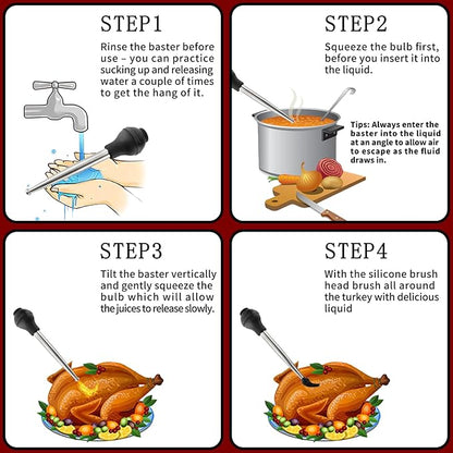 QPMR Turkey Baster With Cleaning Brush, Stainless Steel Baster Tool for Cooking-Baster Syringe for Roaster Turkey, Include 2 Meat Marinade Injector Needles for Thanksgiving