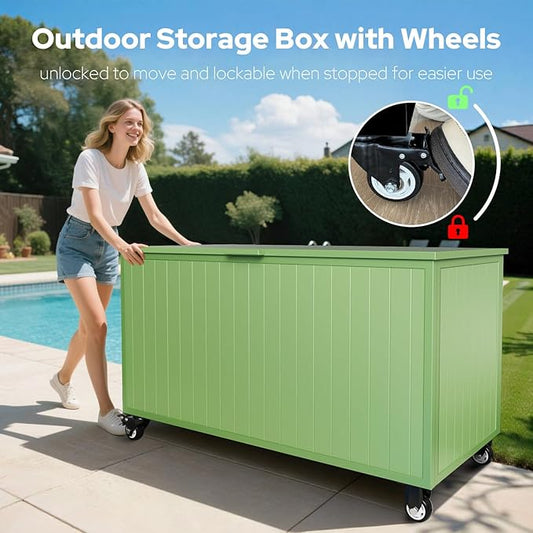 Outdoor Storage Box with Wheels 150 Gallon, Mobile Aluminum Deck Boxes Outdoor Waterproof, UV Resistant Patio Storage Box with Lid for Patio Furniture, Garden Tools, Outdoor Cushion(Green)