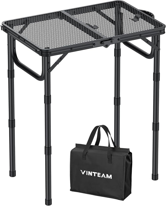 VINTEAM Camping Folding Grill Table | 3 Adjustable Heights | Lightweight, Portable Aluminum Table for BBQs, Picnic, and Outdoor Use | Mesh Desktop, 66lbs Weight Capacity