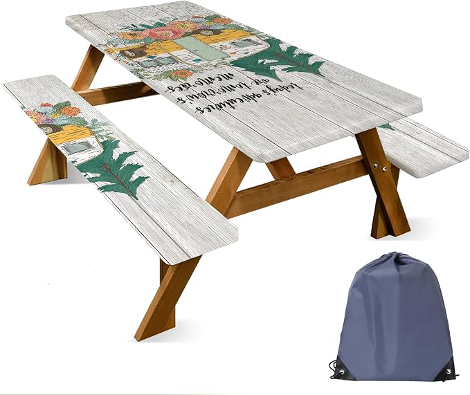 Picnic Table Cover with Bench Covers –Waterproof Windproof Camping Tablecloth with Drawstring Bag,Fitted 72in Rectangle Tables and Seats,Camper Floral Design,Camping Essentials for Patio,Park,Backyard