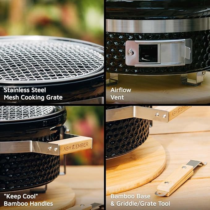 Ash & Ember 14" Hibachi Tabletop Grill & Griddle Set, Ceramic Charcoal Grill, Stainless Steel Cooking Grate, Non-Stick Maifan Griddle, Griddle Lifter, Adjustable Temp Control