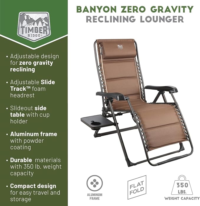 Timber Ridge Aluminum Zero Gravity Chair Set of 2, 350 lb Capacity Each | Padded Foldable Lounger with Side Table and Sliding Headrest; Reclines from 0° to 170° for Camping, Lawn, Patio or Indoor Use