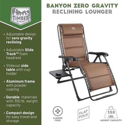 Timber Ridge Aluminum Zero Gravity Chair Set of 2, 350 lb Capacity Each | Padded Foldable Lounger with Side Table and Sliding Headrest; Reclines from 0° to 170° for Camping, Lawn, Patio or Indoor Use