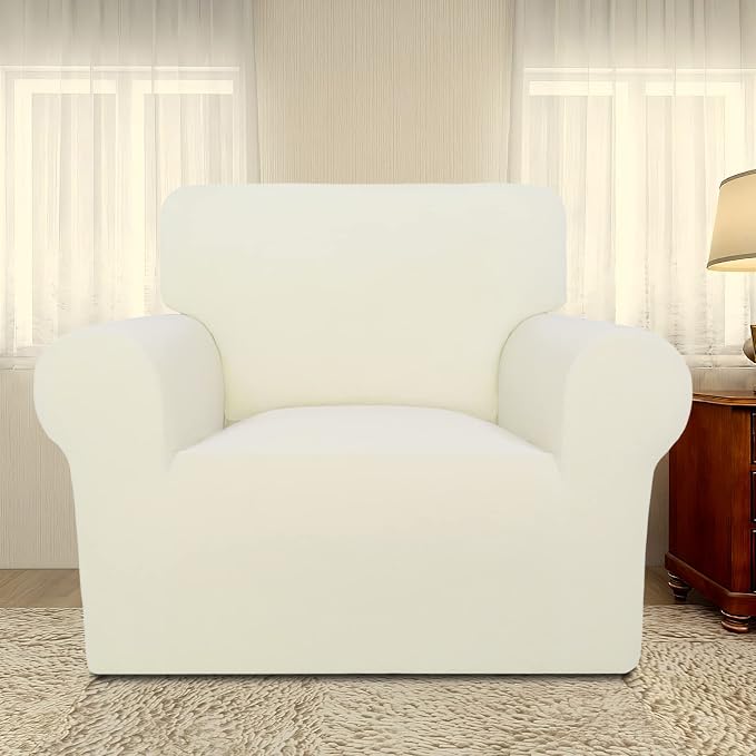PureFit Super Stretch Chair Covers Fleece Couch Covers for Sofa Ivory | 1-Piece Spandex Couch Cover Soft Couch Protector, Sofa Cover Washable with Non Skid Foam and Elastic Bottom for Kids, Dogs