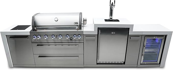 Mont Alpi 142"W Stainless Steel Deluxe Modular Outdoor Kitchen Island with Refrigerator + 3 Tap Kegerator Fridge Dispenser + 44"W 6-Burner BBQ Grill + Granite Countertops + Storage Cabinets & Drawers