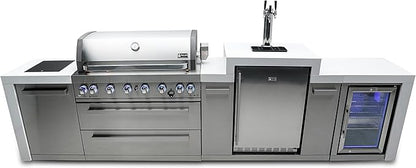 Mont Alpi 142"W Stainless Steel Deluxe Modular Outdoor Kitchen Island with Refrigerator + 3 Tap Kegerator Fridge Dispenser + 44"W 6-Burner BBQ Grill + Granite Countertops + Storage Cabinets & Drawers