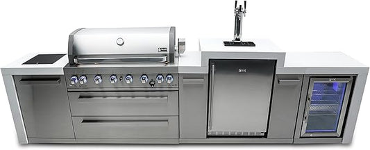 Mont Alpi 142"W Stainless Steel Deluxe Modular Outdoor Kitchen Island with Refrigerator + 3 Tap Kegerator Fridge Dispenser + 44"W 6-Burner BBQ Grill + Granite Countertops + Storage Cabinets & Drawers