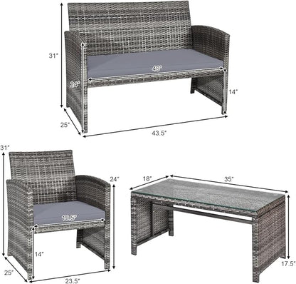 Tangkula 4 Pieces Patio Wicker Conversation Furniture Set, Patiojoy Sofa & Table Set w/4 Seats, Outdoor Rattan Sofa Set for Balcony Backyard, Wicker Chair Set with Tempered Glass Coffee Table