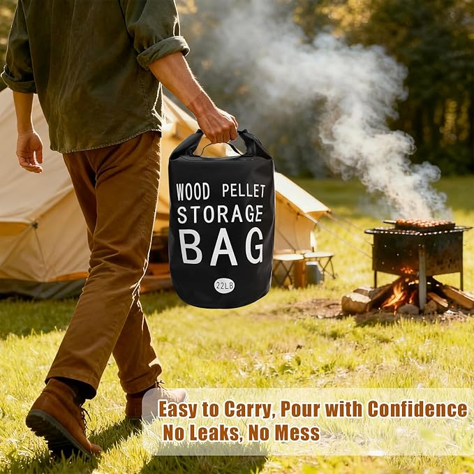 22LB Waterproof Wood Pellet Storage Bag - 500D PVC Charcoal Storage Container with Dual Handles, Label Pocket & Buckle Seal for Grill Smoker BBQ Outdoor Use (2, 22LB-Black)