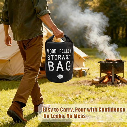 22LB Waterproof Wood Pellet Storage Bag - 500D PVC Charcoal Storage Container with Dual Handles, Label Pocket & Buckle Seal for Grill Smoker BBQ Outdoor Use (2, 22LB-Black)