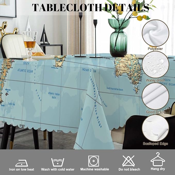 Swono World Map Rectangle Tablecloth Vintage Global Political Map Table Cloth Dining Table Cover for Home Kitchen Restaurant Party Buffet Picnic, 52x70 Inch, Blue