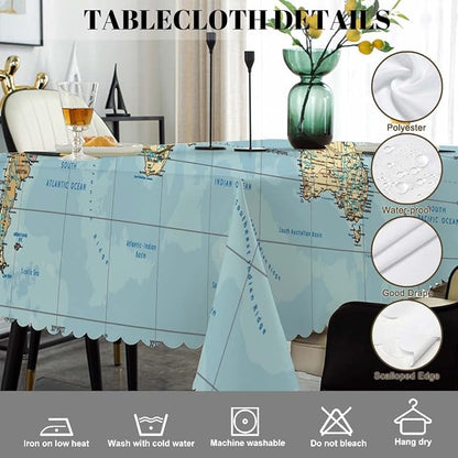 Swono World Map Rectangle Tablecloth Vintage Global Political Map Table Cloth Dining Table Cover for Home Kitchen Restaurant Party Buffet Picnic, 52x70 Inch, Blue