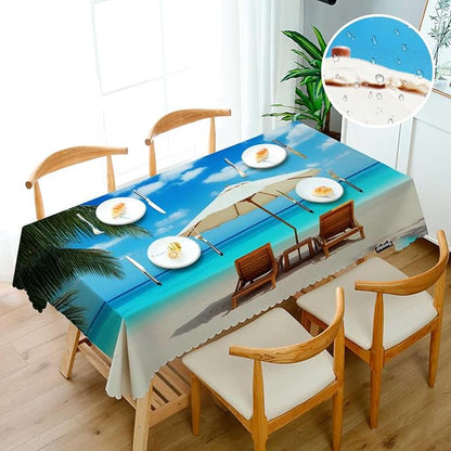 Swono Beach Chairs Rectangle Tablecloth Turquoise Sea Sand Beach Chair Palms Table Cloth Dining Table Cover for Home Kitchen Restaurant Party Buffet Picnic, 52x70 Inch