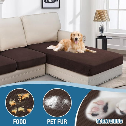 H.VERSAILTEX Velvet Stretch Sectional Couch Covers - 4 Pieces Sofa Seat Cushion Covers L Shape Separate Cushion for Both Left/Right Couch (Large Sofa 3 Seater + 1 Chaise, Brown Striped)