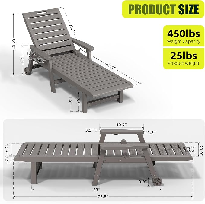 Outdoor Chaise Lounges, Patio Lounge Chair (Grey with Wheels, Set of 2) | Wood-Grain HDPE, 5-Position Recline, Lockable Wheels, Cup Holder, 450 lbs, Indoor/Outdoor