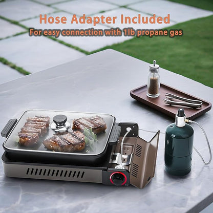 Portable Propane Gas Stove with Grill Pan and Lid | Butane Camping Stove Instant Ignition for Patio Backyard Home Cooking Camping RV Tailgating Emergency Use, GS349