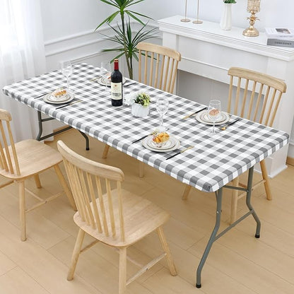Smiry Picnic Table Cloth 2 Pack, Waterproof Elastic Fitted Tablecloths for 24x48 Rectangle Tables, Washable Polyester Buffalo Plaid Tablecloth for Camping, Dining & Outdoor (Grey & White, 24" x 48")
