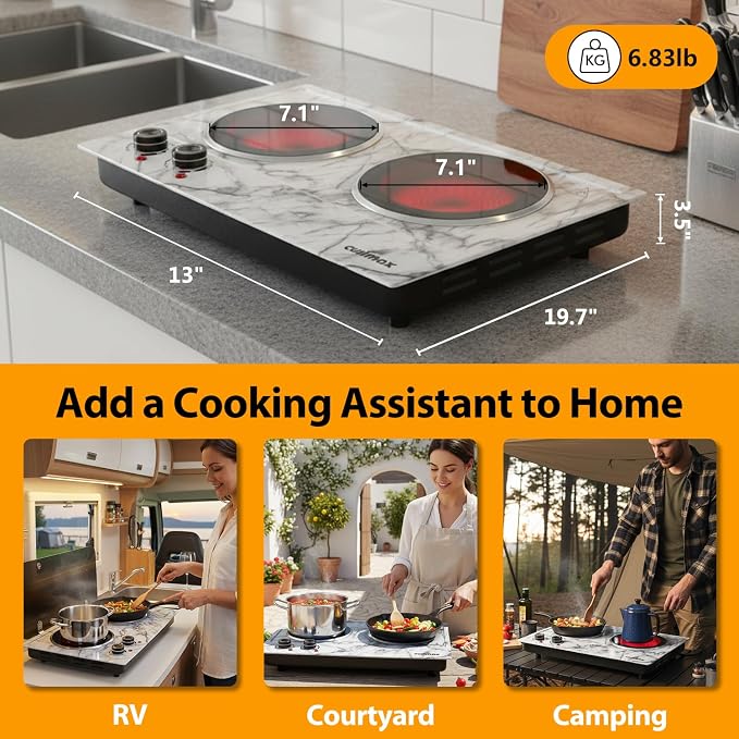 CUSIMAX Hot Plate, 1800W Double Burner Hot Plate for Cooking, White Marble | Portable Infrared Cooktop with Dual Temperature Control/Heat-up in Seconds/Overheating Protectio/Stainless Steel/Easy Cleanup