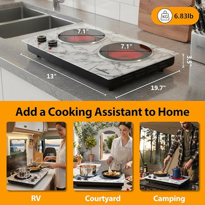 CUSIMAX Hot Plate, 1800W Double Burner Hot Plate for Cooking, White Marble | Portable Infrared Cooktop with Dual Temperature Control/Heat-up in Seconds/Overheating Protectio/Stainless Steel/Easy Cleanup