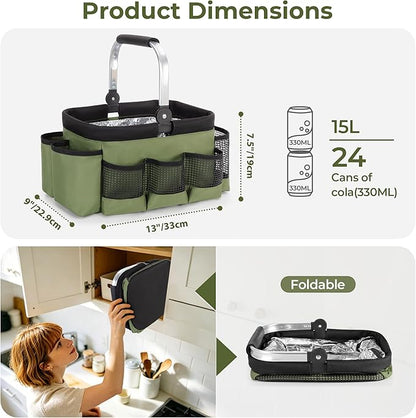 PGmoon Grill and Picnic Caddy, Foldable BBQ Tool Caddy with Rotated Handle, Multi-Pocket Grill Utensil Storage Bag for Outdoor Camping Picnic Patio Barbecue Accessories, Green