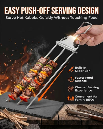 Grill Skewers for Grilling 3 Way Outdoor Metal Chicken BBQ Kabob Meat Stainless Steel 3 Prong Barbeque 2026 New Reusable Three Pronged Push off Slider Bar Triple Pierce Easy to Use Updated