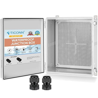 TICONN Outdoor Electrical Box Waterproof, Junction Box IP67 ABS Plastic Enclosure with Hinged Cover with Mounting Plate, Wall Brackets, Cable Glands (Off-White, 19.7"x15.7"x7.9")