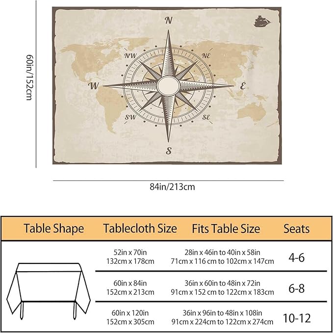 TKS MITLAN Compass Decorative Rectangle Tablecloth Old World Map Nautical Compass Polyester Table Cloths Kitchen Table Cover for Dining BBQ Picnic Coffee Table 60 x 84 Inch 6-8 Seats