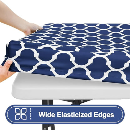 Smiry 2 Pack Rectangle Table Cloth 4 Foot, Waterproof Elastic Fitted Tablecloths, Windproof Washable Polyester Table Cover for Picnic, Camping, Outdoor (Navy, 24"x48")