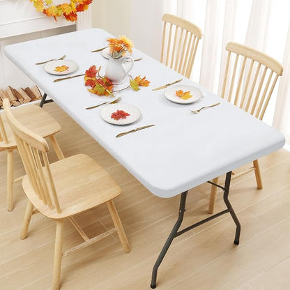 Smiry 2 Pack Rectangle Tablecloth, Elastic Fitted Flannel Backed Vinyl Tablecloths for 6ft Folding Tables, Waterproof Wipeable Table Covers for Outdoor, Indoor, Camping and Picnic (White, 30"x72")