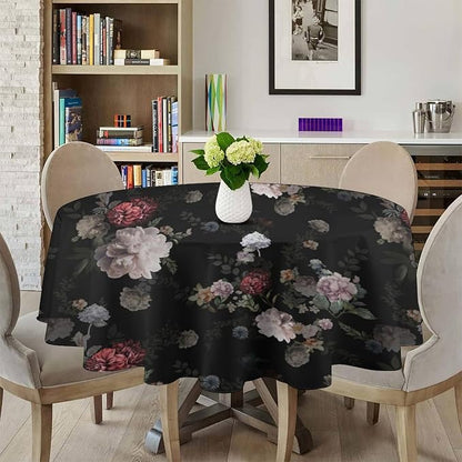Vintage Florals Round Tablecloth, Black Pink Garden Gothic Flowers Rustic Roses Boho Botanical Plant Water Resistant Wipeable Table Cover for Picnic Party Holiday Kitchen Dinner Table 70"