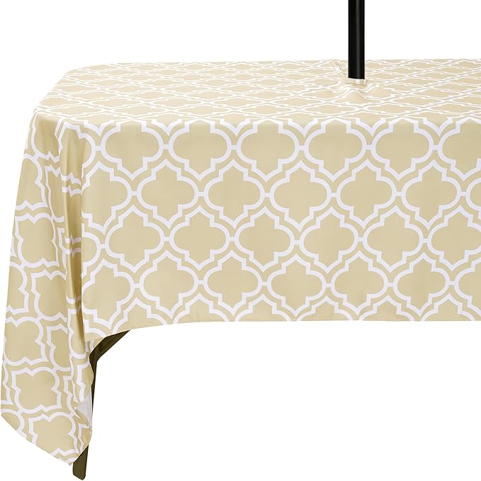 Poise3EHome 60X84 Outdoor Waterproof Spillproof Rectangle Tablecloth with Umbrella Hole for Camping, Picnic, Afternoon Tea, BBQ, Khaki